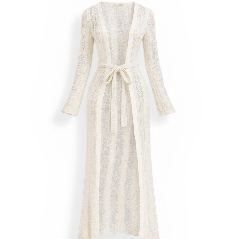 JLUXLABEL Ivory Crochet Maxi Cardigan w/ Waist Tie